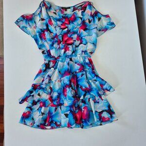 Cynthia Steffe Silk Blue and White Ruffled Asymmetrical Blouse